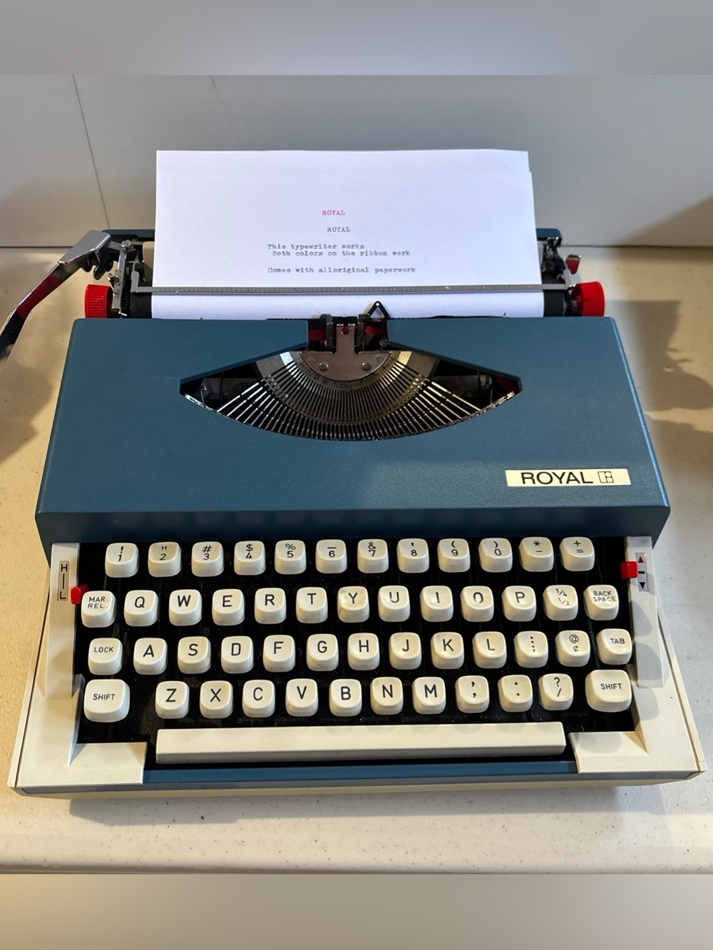 Royal Sprite Typewriter Blue/Ivory W/Case/Paperwork/Guard.Japan-Tested And Works